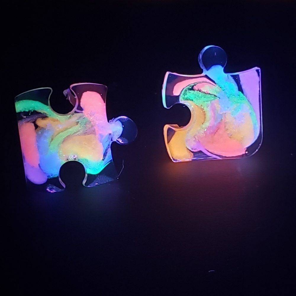 Handmade Rainbow Clear Puzzle Pieces Stud Earrings - Reacts to UV Light